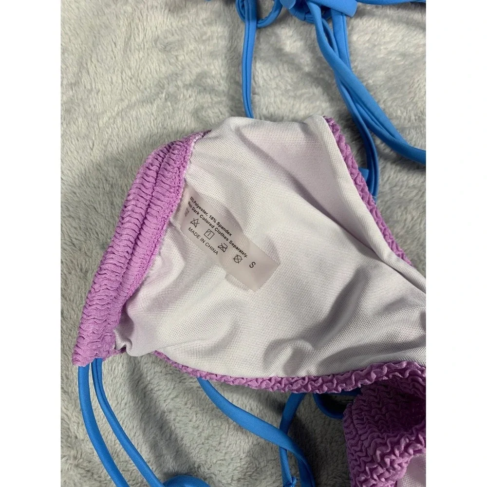 Textured Smocked Bikini Set Womens Size S Purple Blue Side Tie 2 Piece Swimsuit